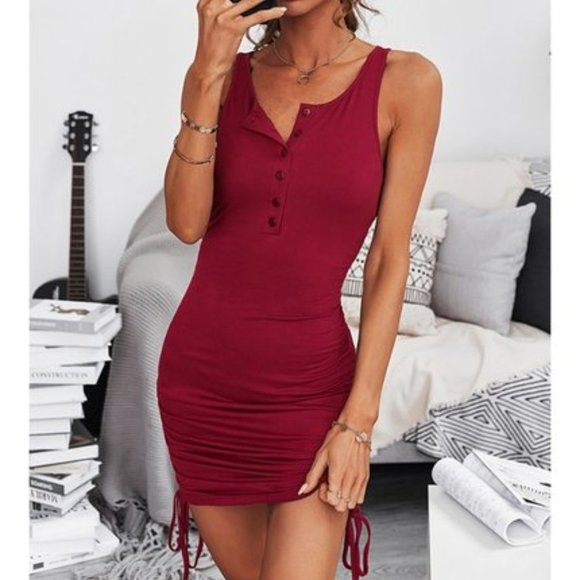 Ribbed Side Ruched Lace Up Mini Dress Wine Red - Picture 4 of 9